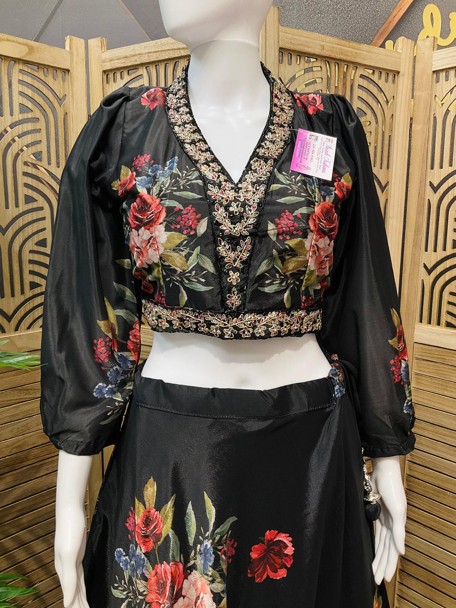 Black Floral Lehenga Set Size 38 - Satin Silk Designer Party Wear
