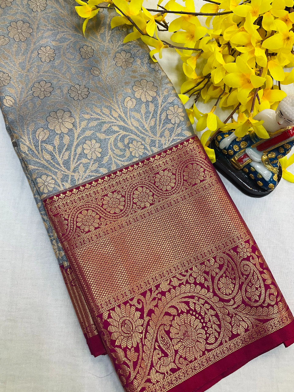 Grey and Maroon Combination -Semi silk Kanjeevaram saree image 0
