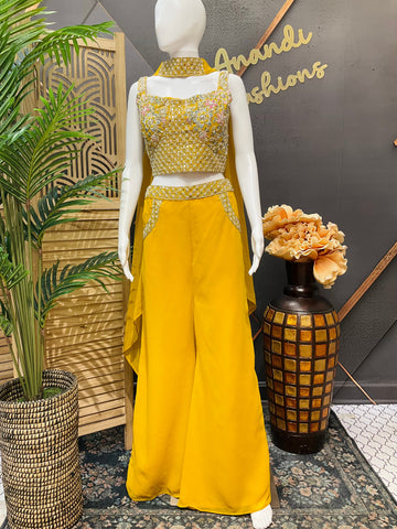 Yellow - Party Wear Crop Top - Sharara Set