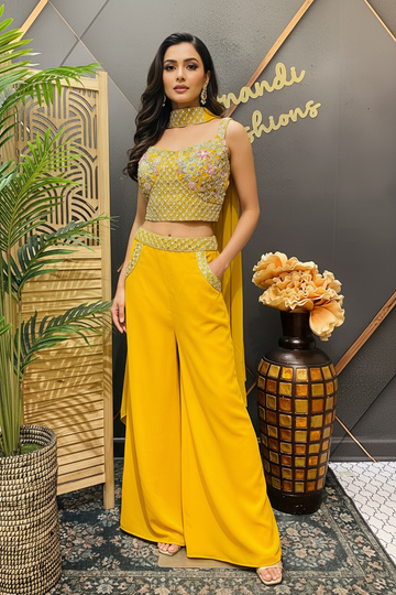 Yellow - Party Wear Crop Top - Sharara Set