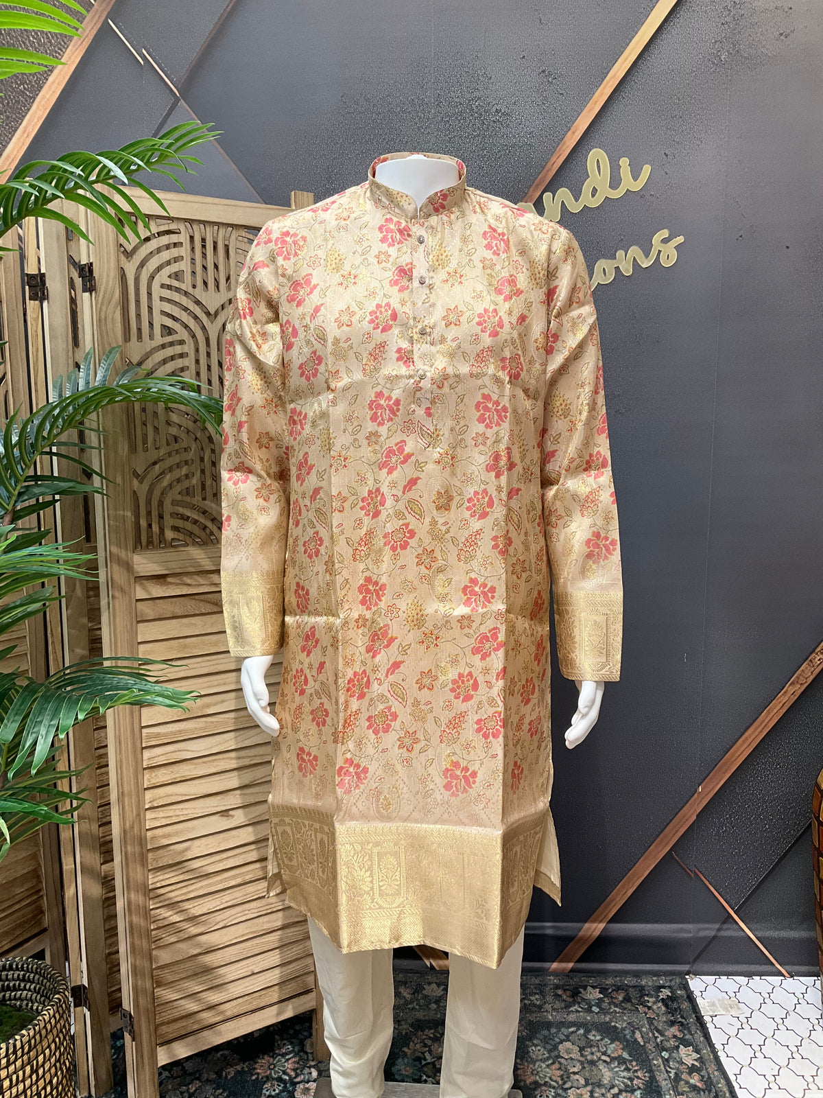 Gold Color - Floral Silk Mens Wear kurta set
