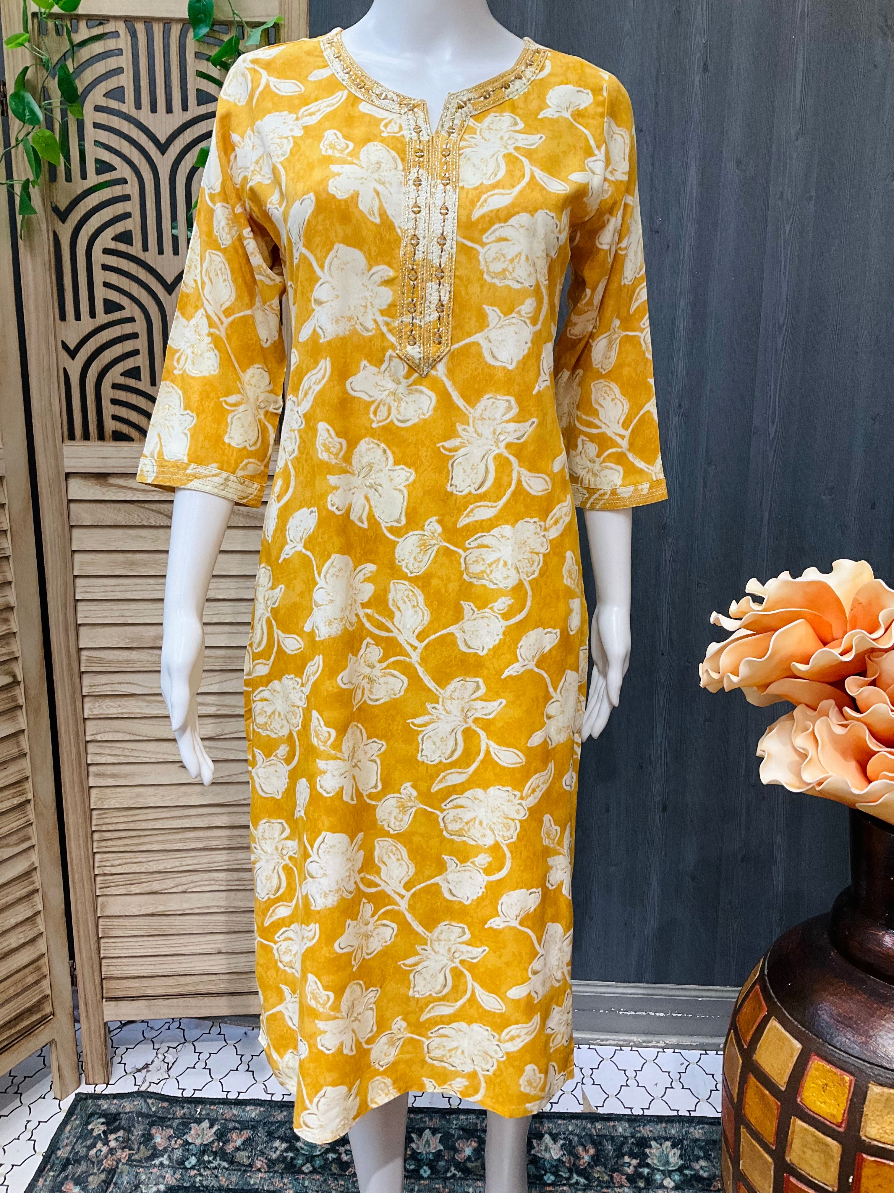 Floral Print-Yellow rayon kurti