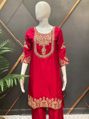 Red Party Wear Palazzo Set - Gold Zari Work