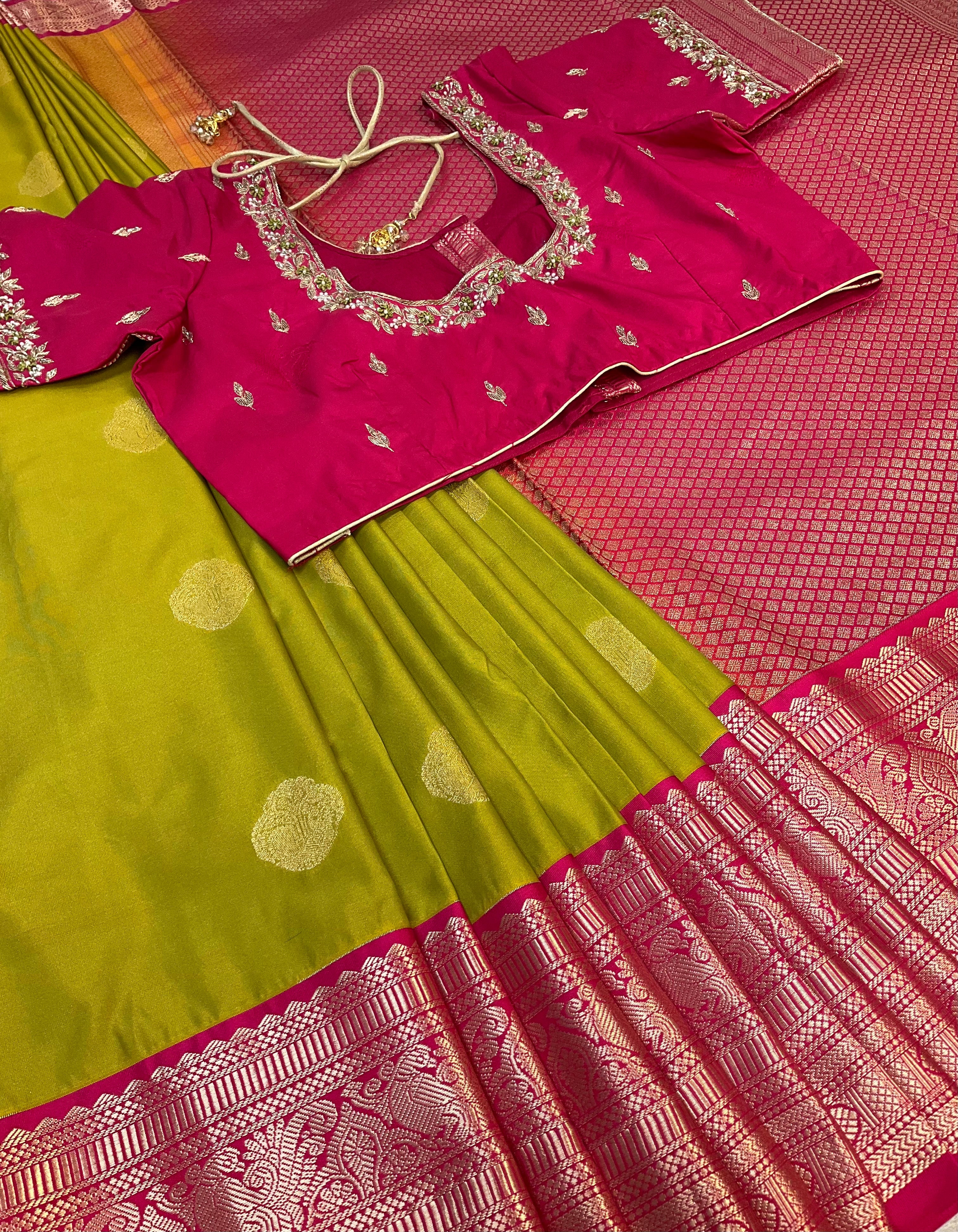Mehandi green semi kanjeevaram Pattu/Silk saree with maggam work Stitched blouse- Fall Pico done