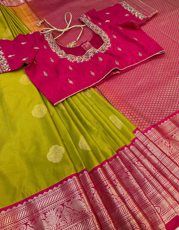 Mehandi green semi kanjeevaram Pattu/Silk saree with maggam work Stitched blouse
