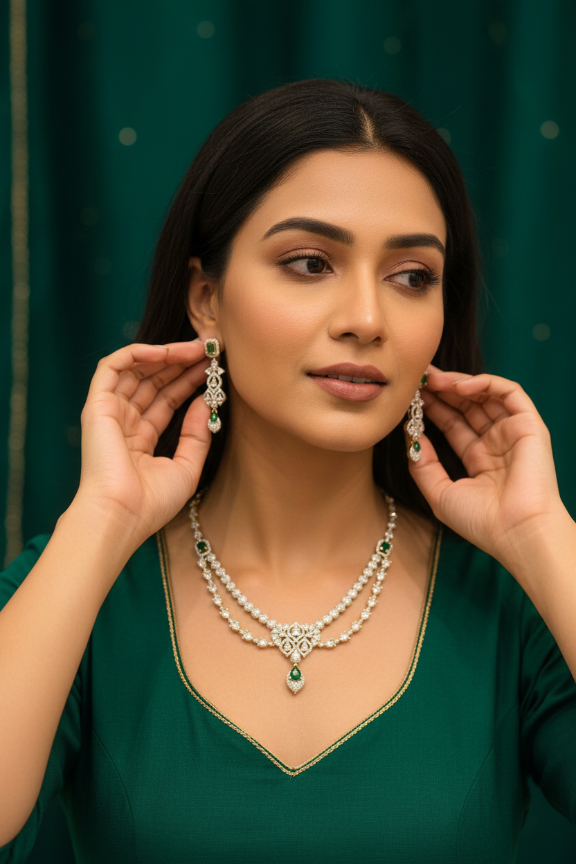 Woman in green ethnic wear wearing matching diamond and emerald necklace and earrings jewelry set