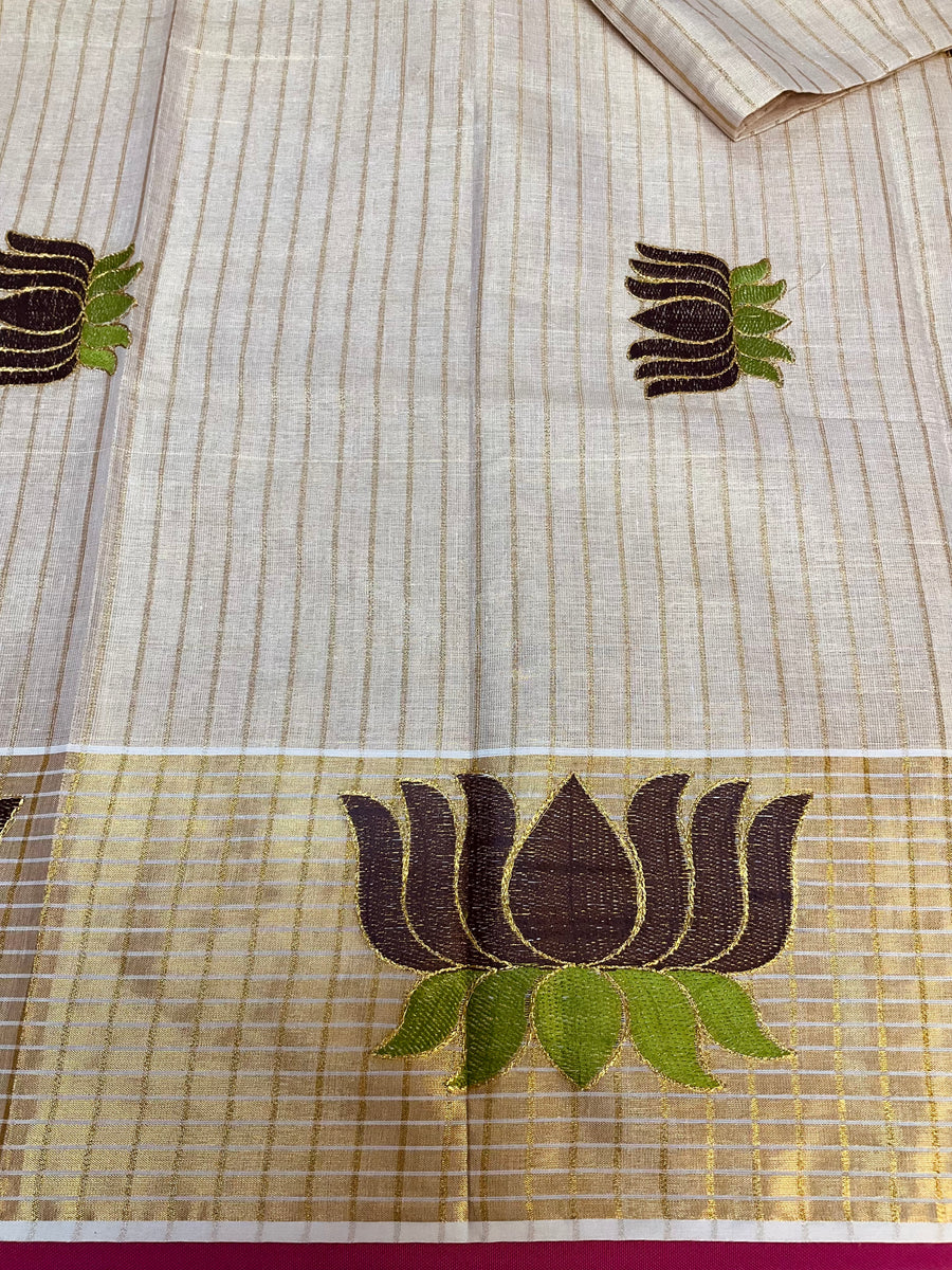 Lotus Embroidery Design Kerala saree with blouse