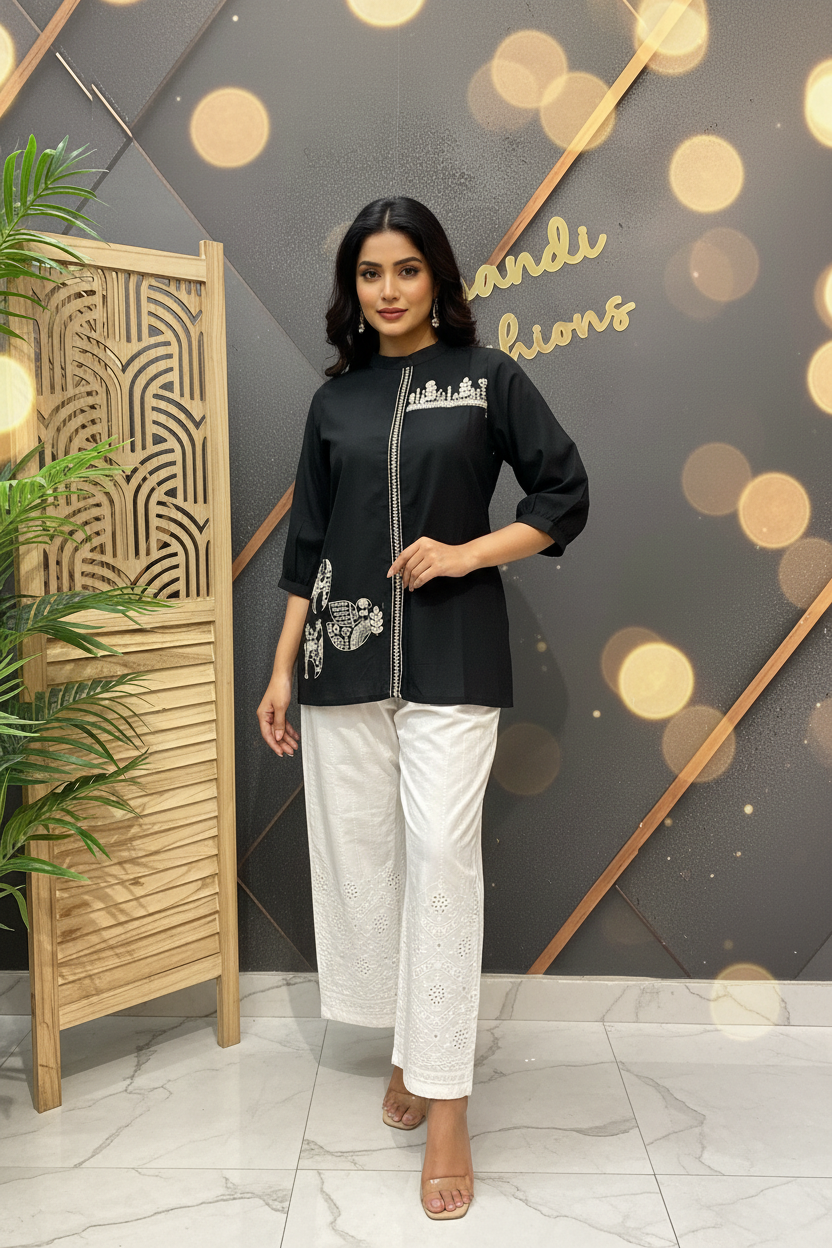 Black Embroidered Short Kurti