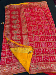 Premium Gharchola Bandhani Saree with Bead Embroidery - Contrast Blouse