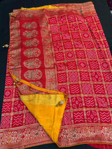 Premium Gharchola Bandhani Saree with Bead Embroidery - Contrast Blouse