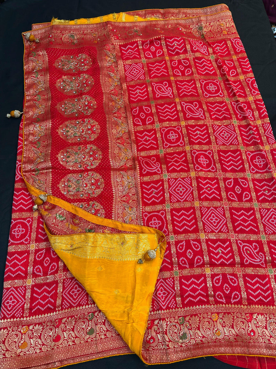Premium Gharchola Bandhani Saree with Bead Embroidery - Contrast Blouse