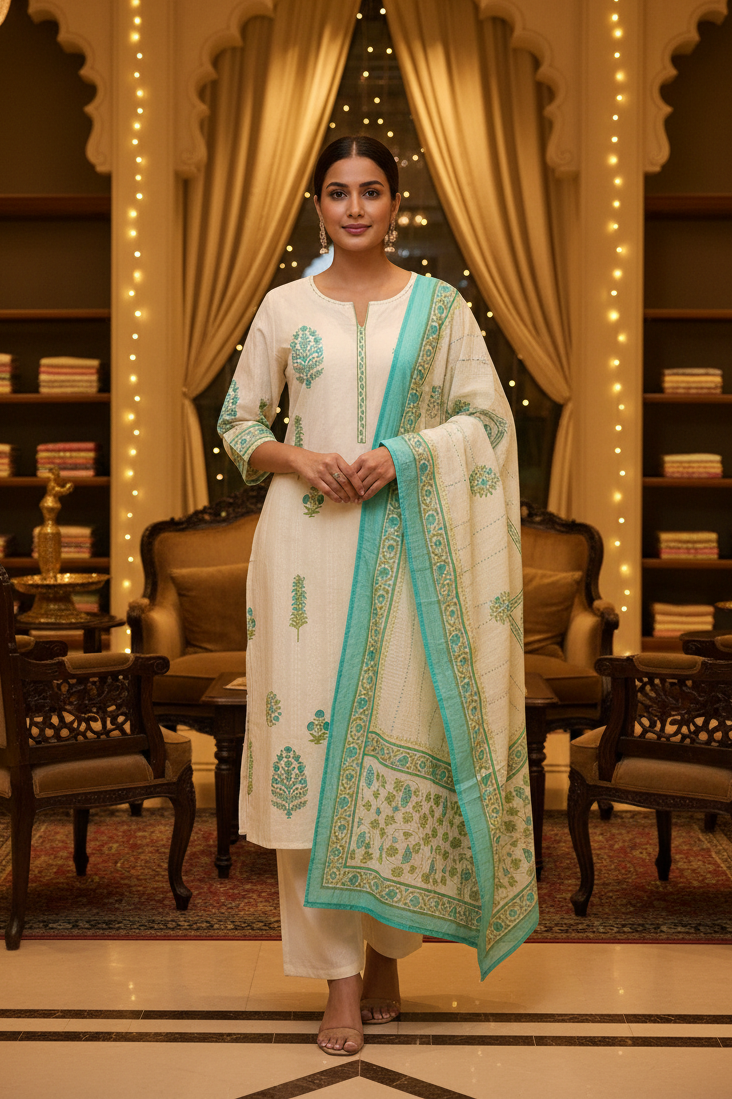 Cream color pure cotton Kurti set