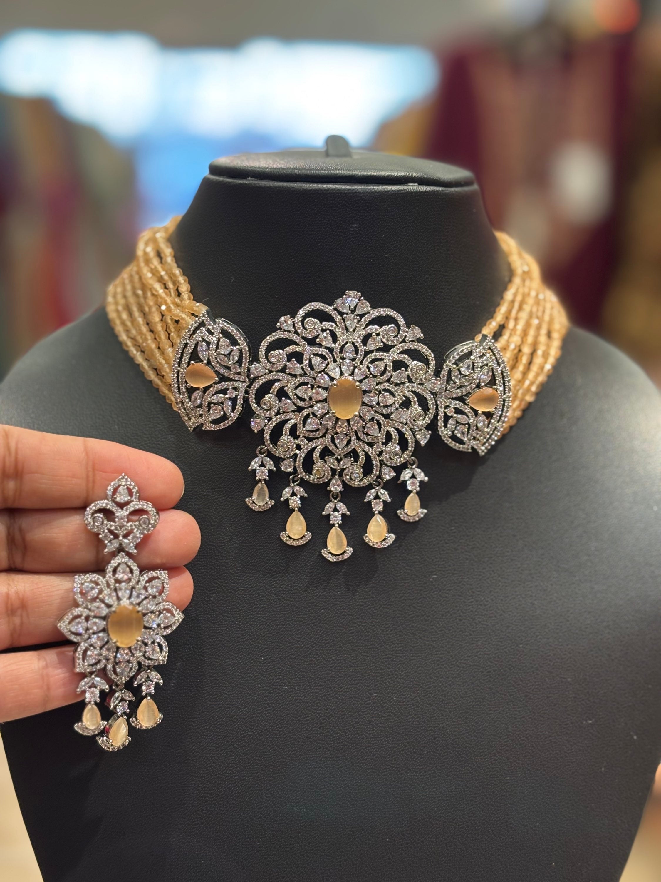 Honey Color- Crystal Beads Choker with silver finish Pendant set image 0