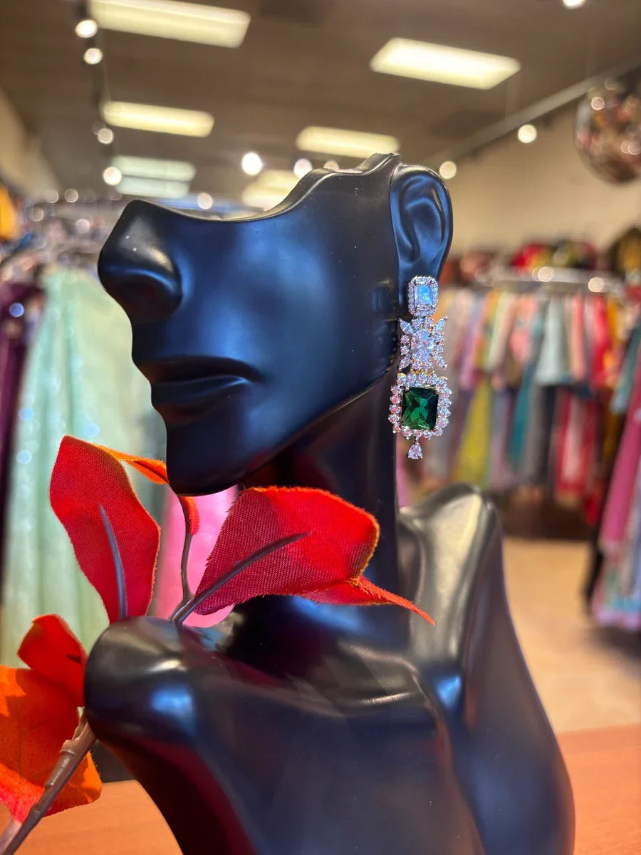CZ Earrings - Gleaming Elegance CZ Earrings with Lush Emerald Stone
