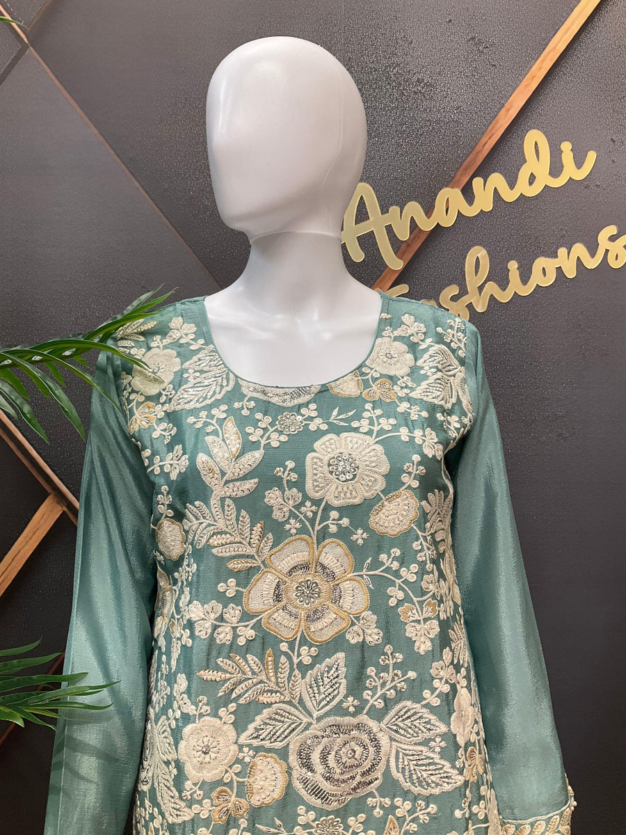 Pastel Blue Party Wear Sharara Suit - Heavy Embroidery Work