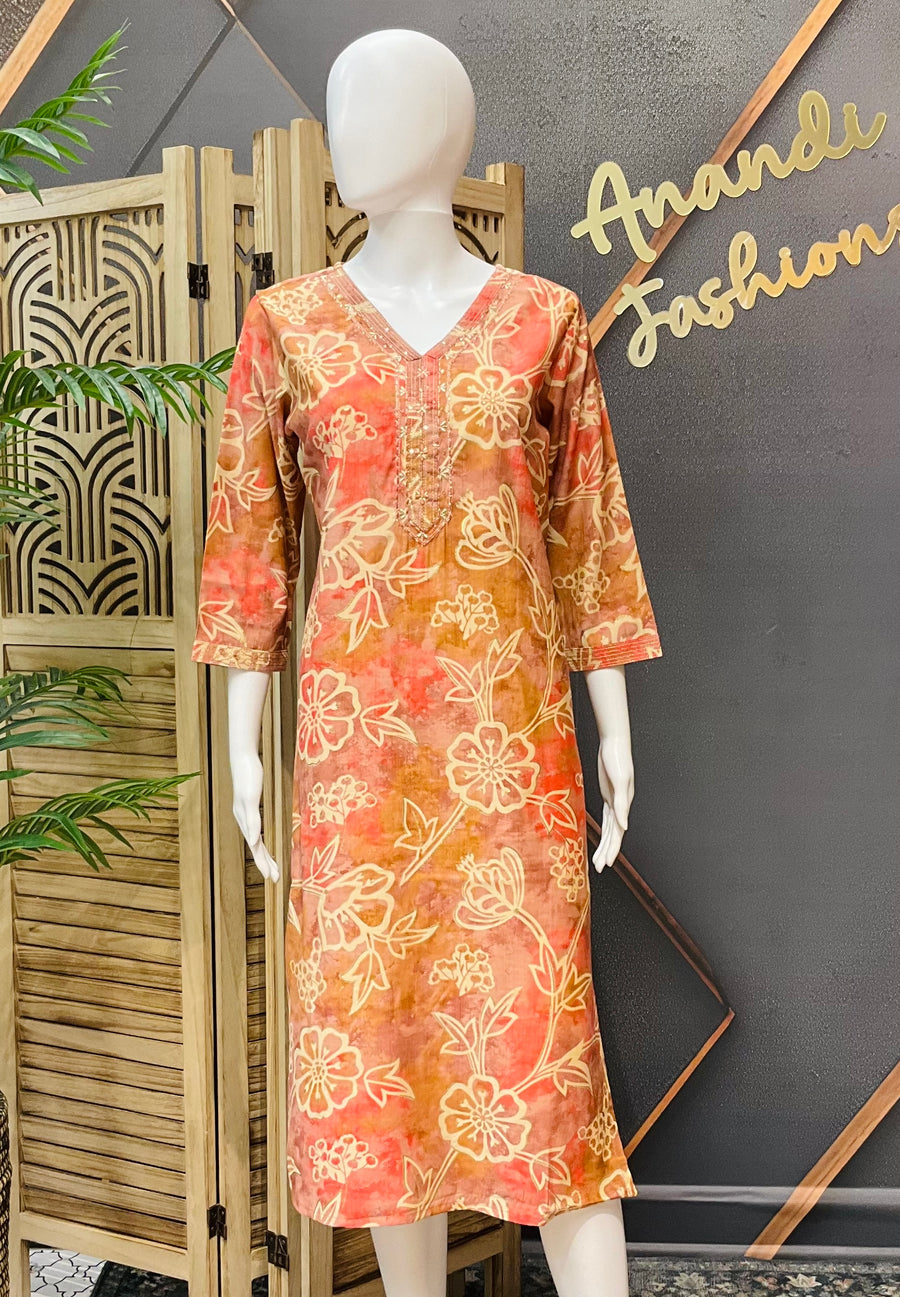 Women’s Peach Cotton Floral Kurti