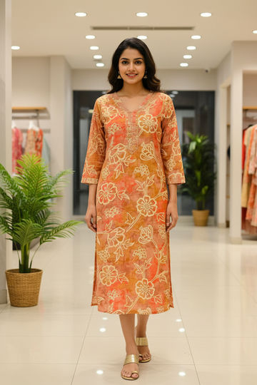 Peach Color- Cotton Floral Kurti