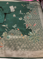 Bottle green Benarasi saree with stitched Blouse