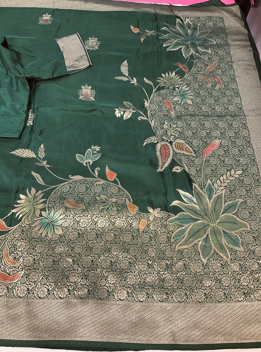 Bottle green Benarasi saree with stitched Blouse