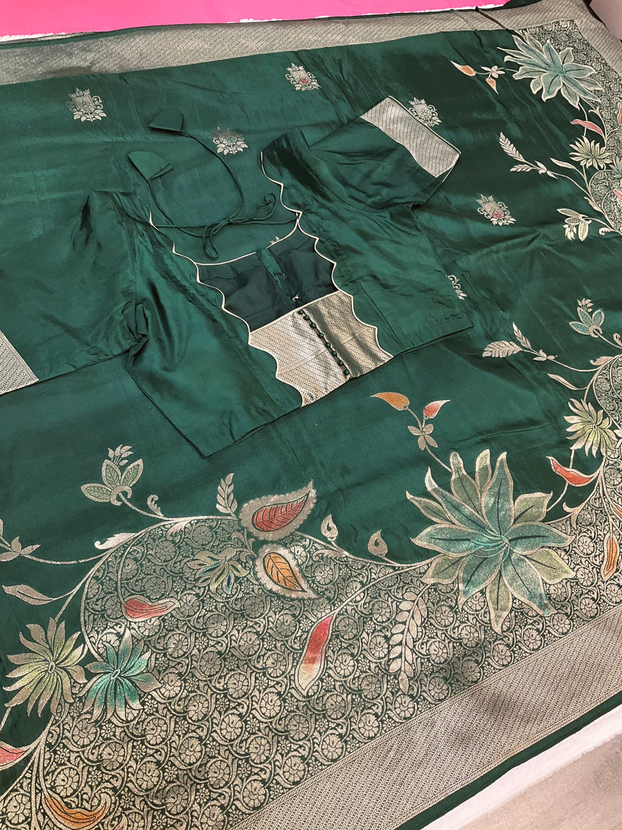 Bottle green Benarasi saree with stitched Blouse