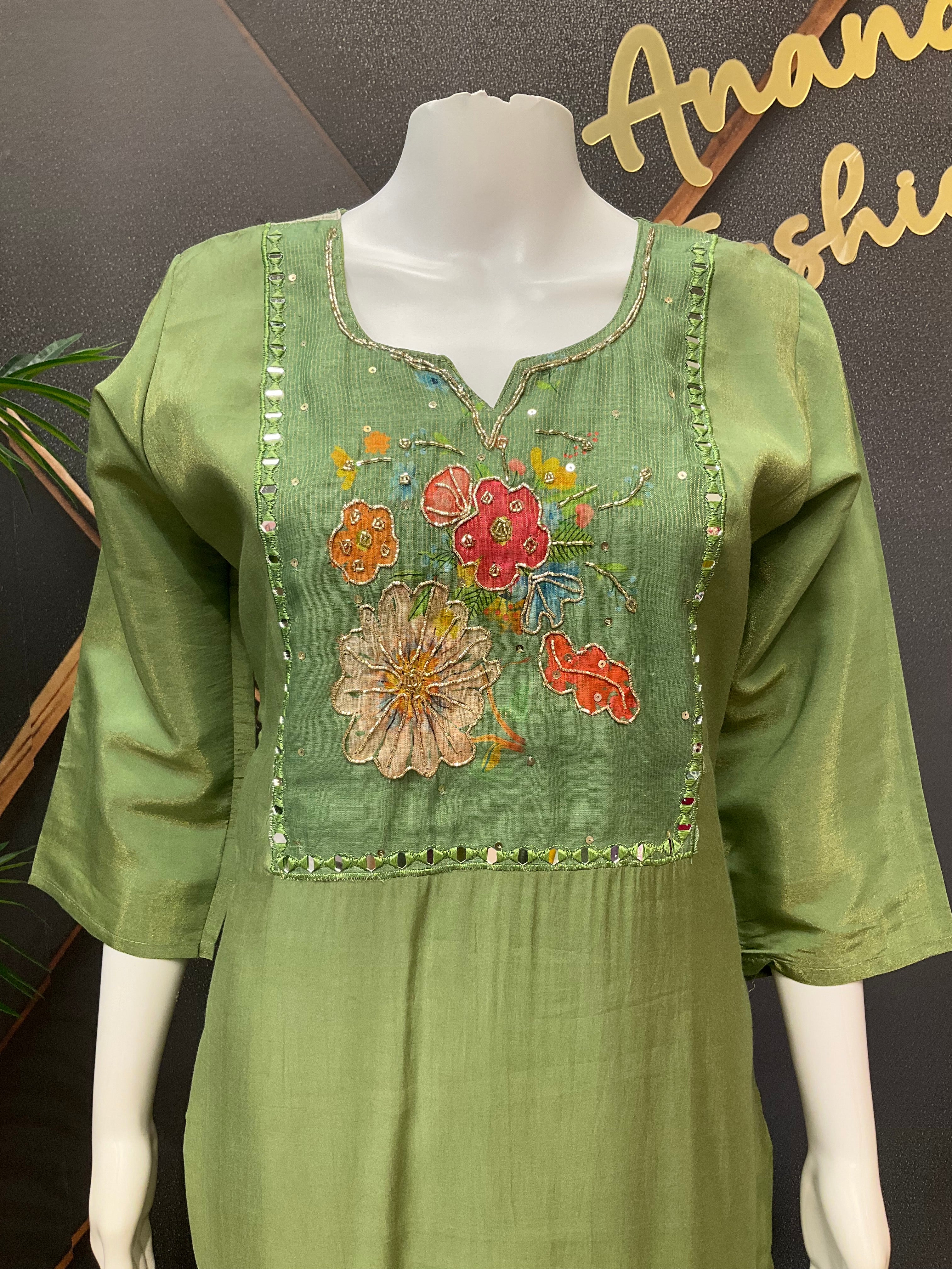 Green - Party Wear Tissue Kurti set
