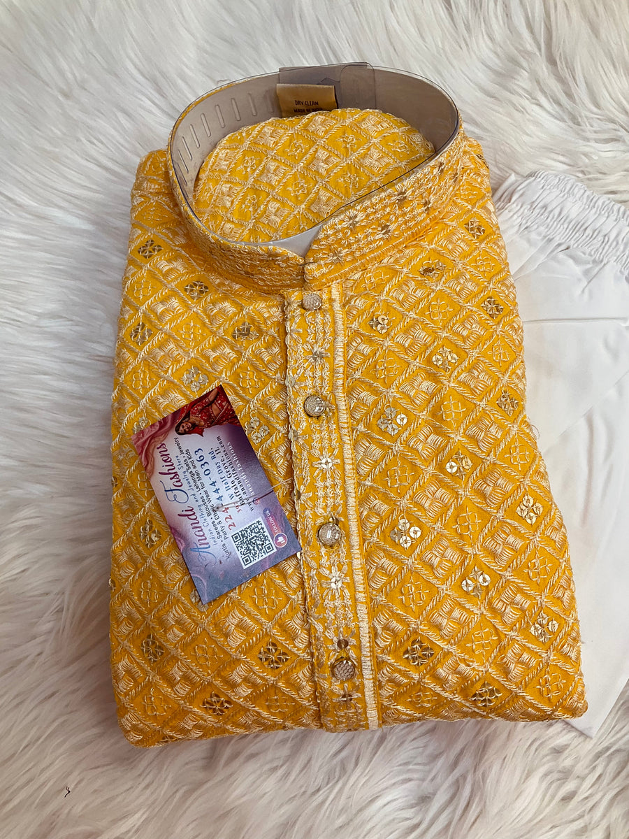 Yellow Chikankari Work Mens kurta set