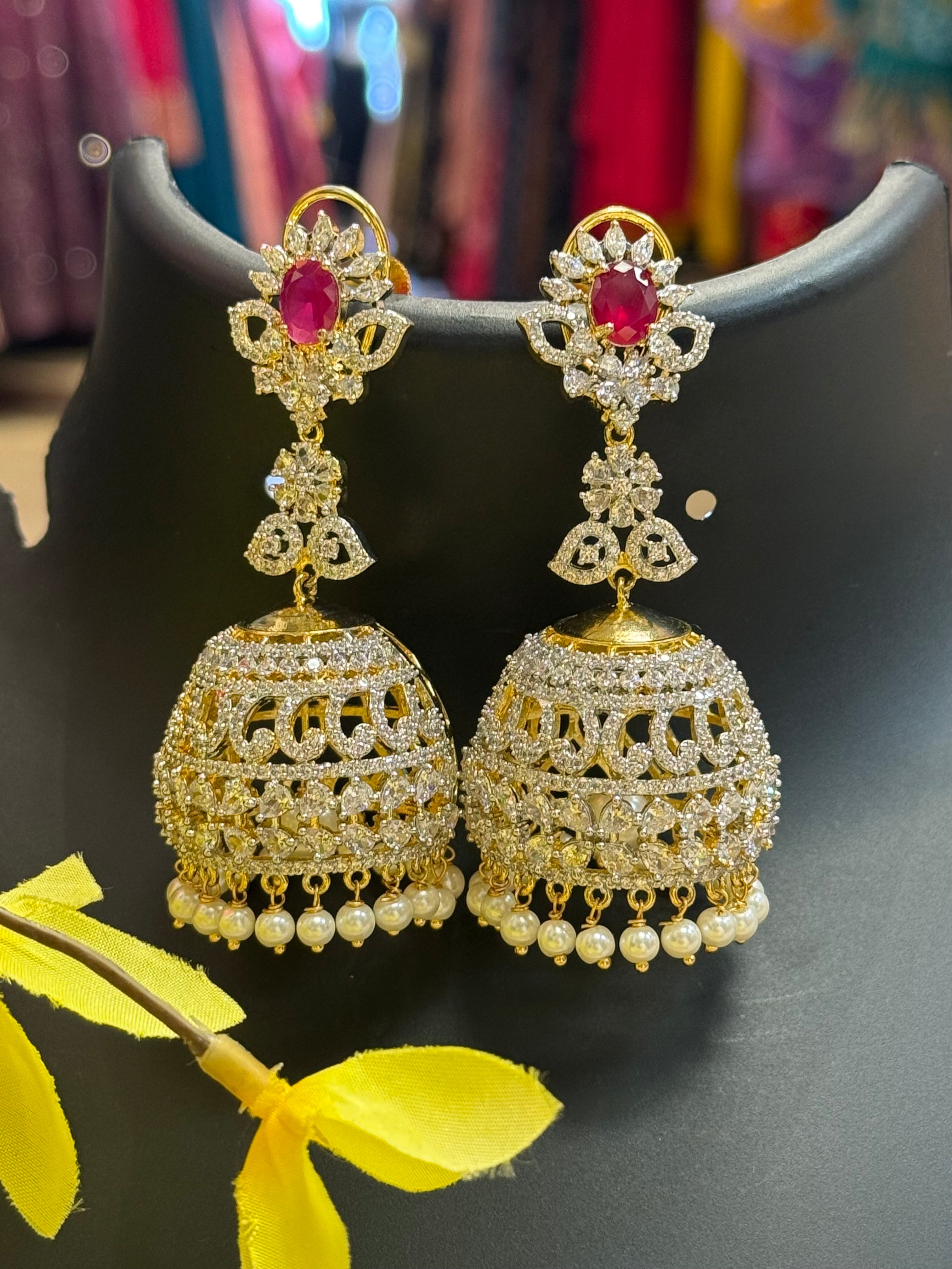 Party Wear - Long CZ Jhumkas/Earrings- BiG Size