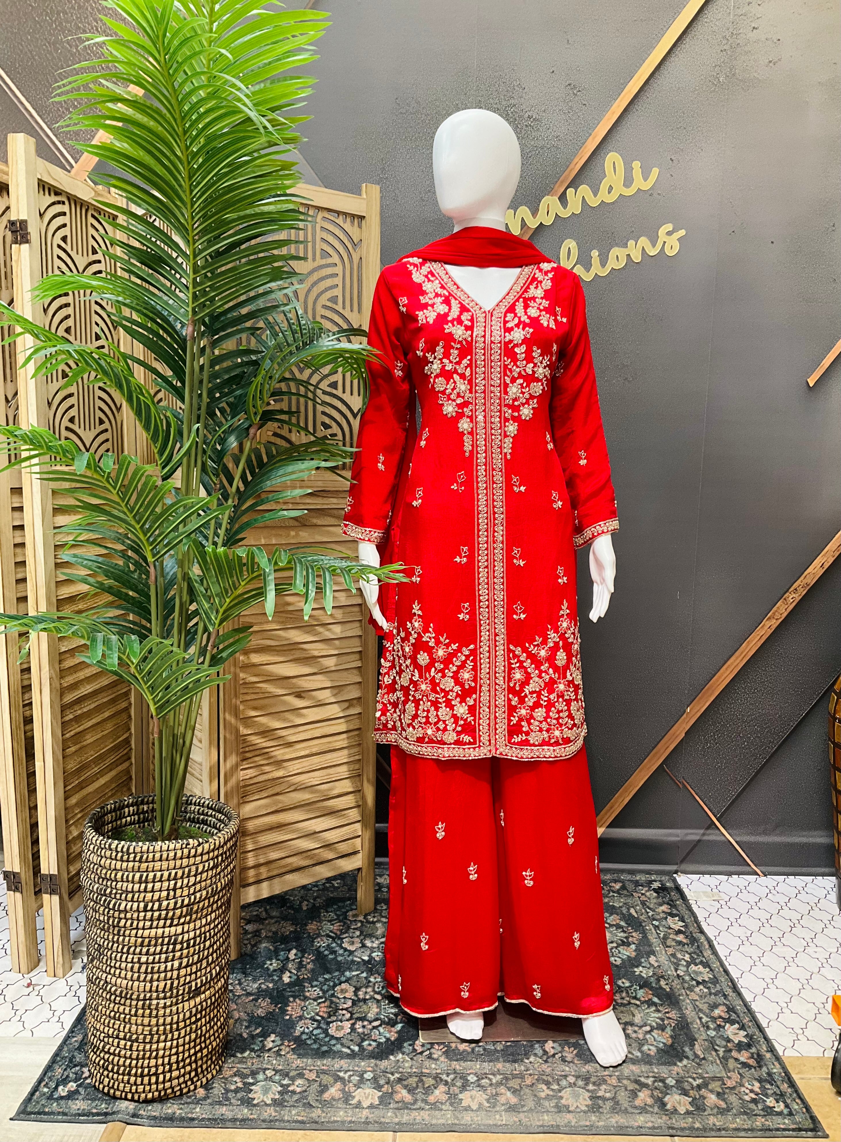 Red Party Wear Crape Silk Palazzo set