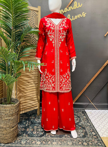 Red Party Wear Crape Silk Palazzo set