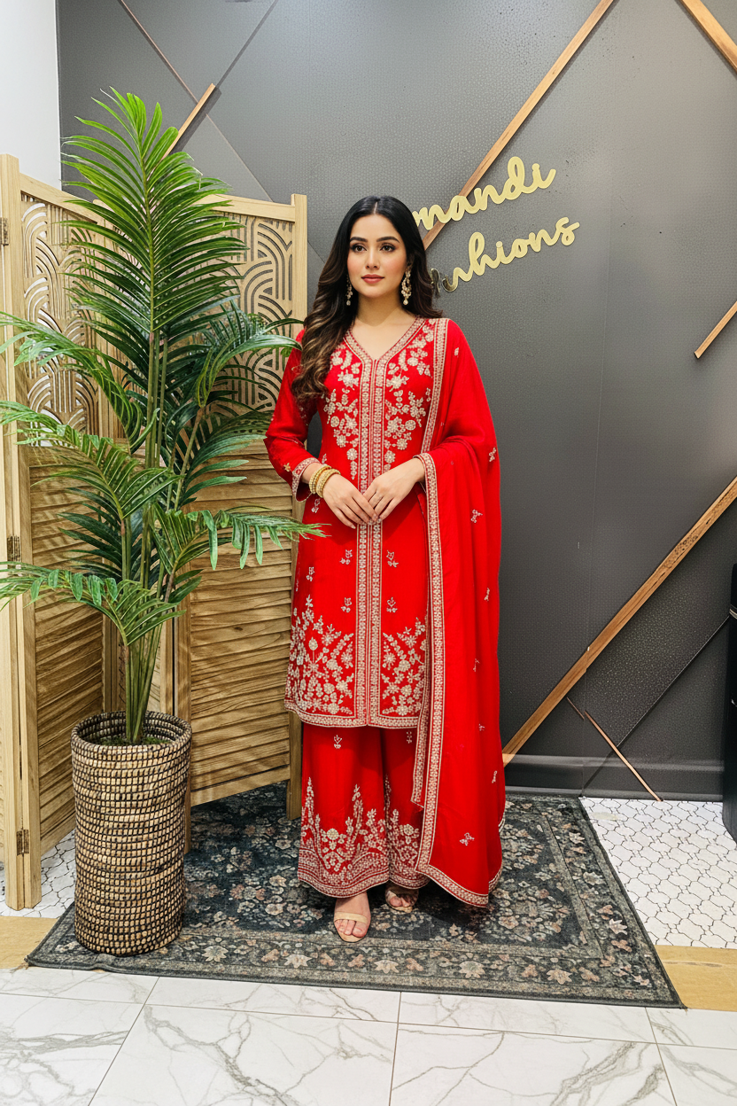 Red Party Wear Crape Silk Palazzo set
