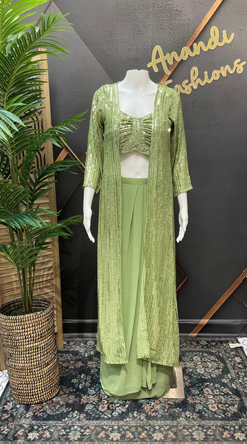 Indo Western Georgette Skirt Set with Embroidered Jacket - Thin Strap Blouse