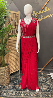 Pink Party Wear Ready to Wear Saree - Georgette with Belt & Silver Work