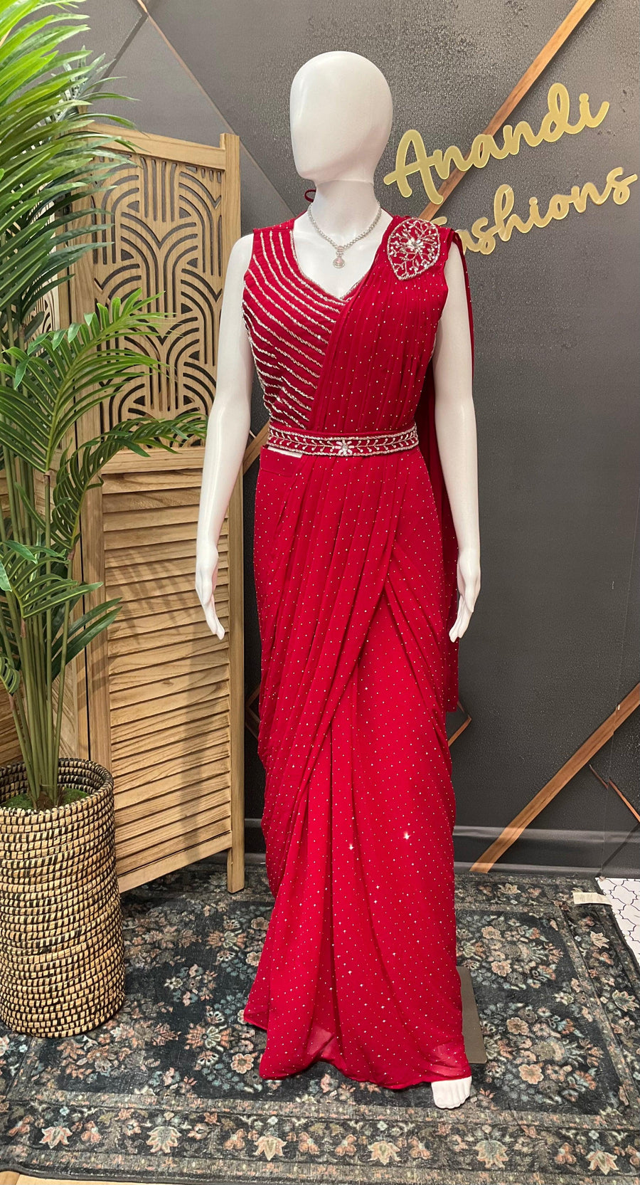 Pink Party Wear Ready to Wear Saree - Georgette with Belt & Silver Work