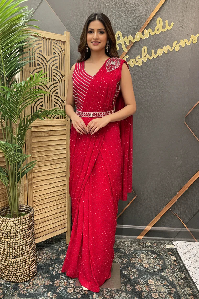 Woman in red embellished Indian saree standing indoors with wooden screen and potted plant at Anandi Fashions