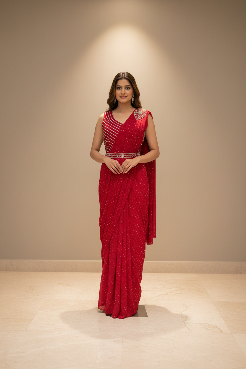 Pink Georgette Ready to Wear Saree with Belt - Silver Work Blouse