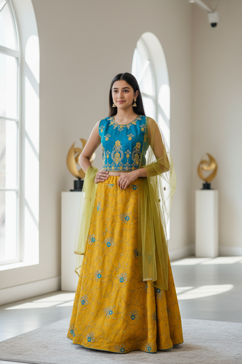 Teenage Girls - Blue & Yellow Lehenga Set