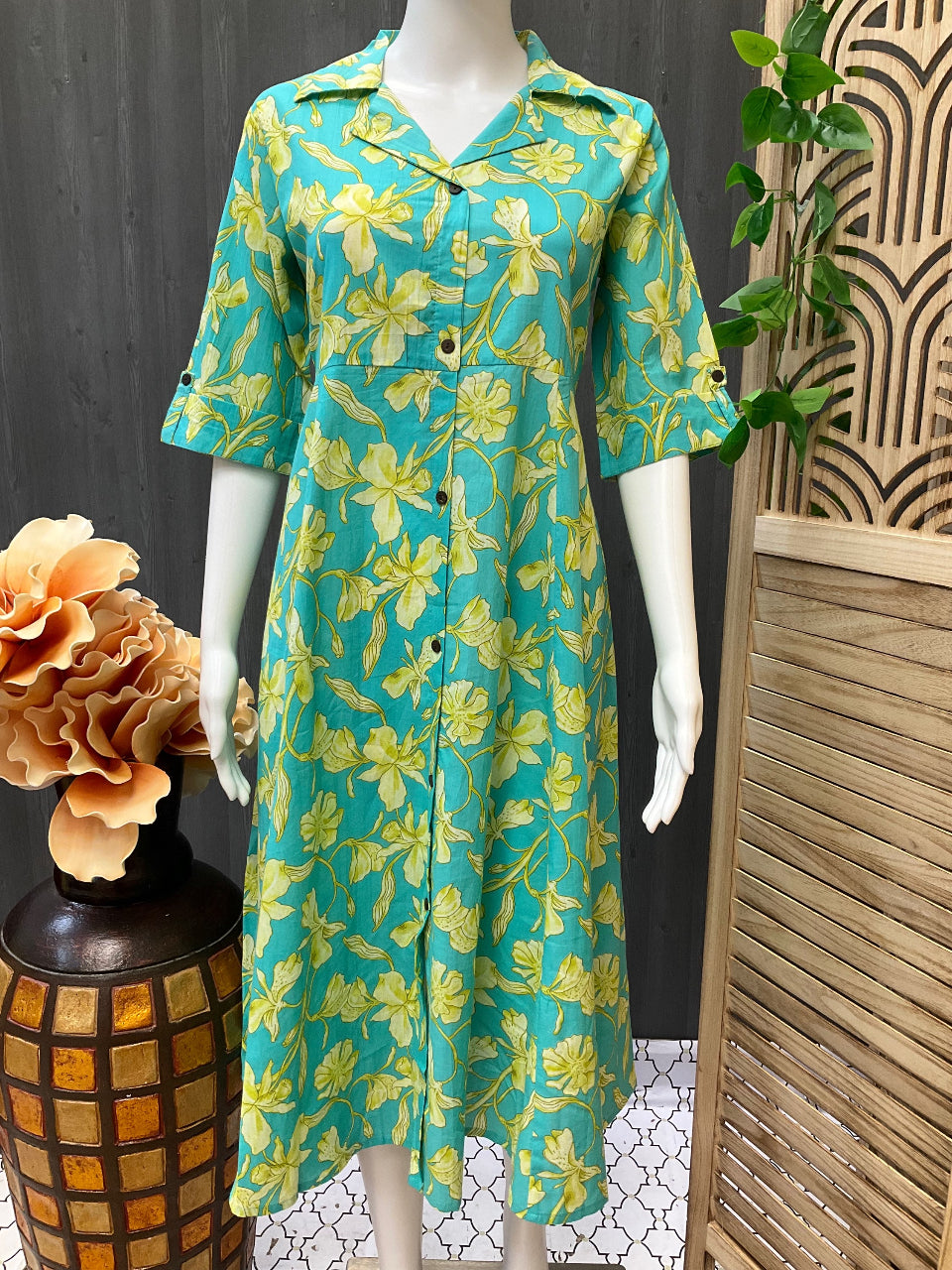 Elegant Floral Print cotton kurti /Gown with collar and pocket image 0