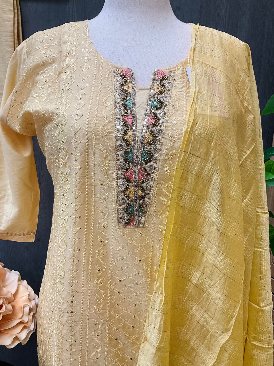 Plus Sizes- Chanderi silk 3 piece kurti set- Size 48 image 1