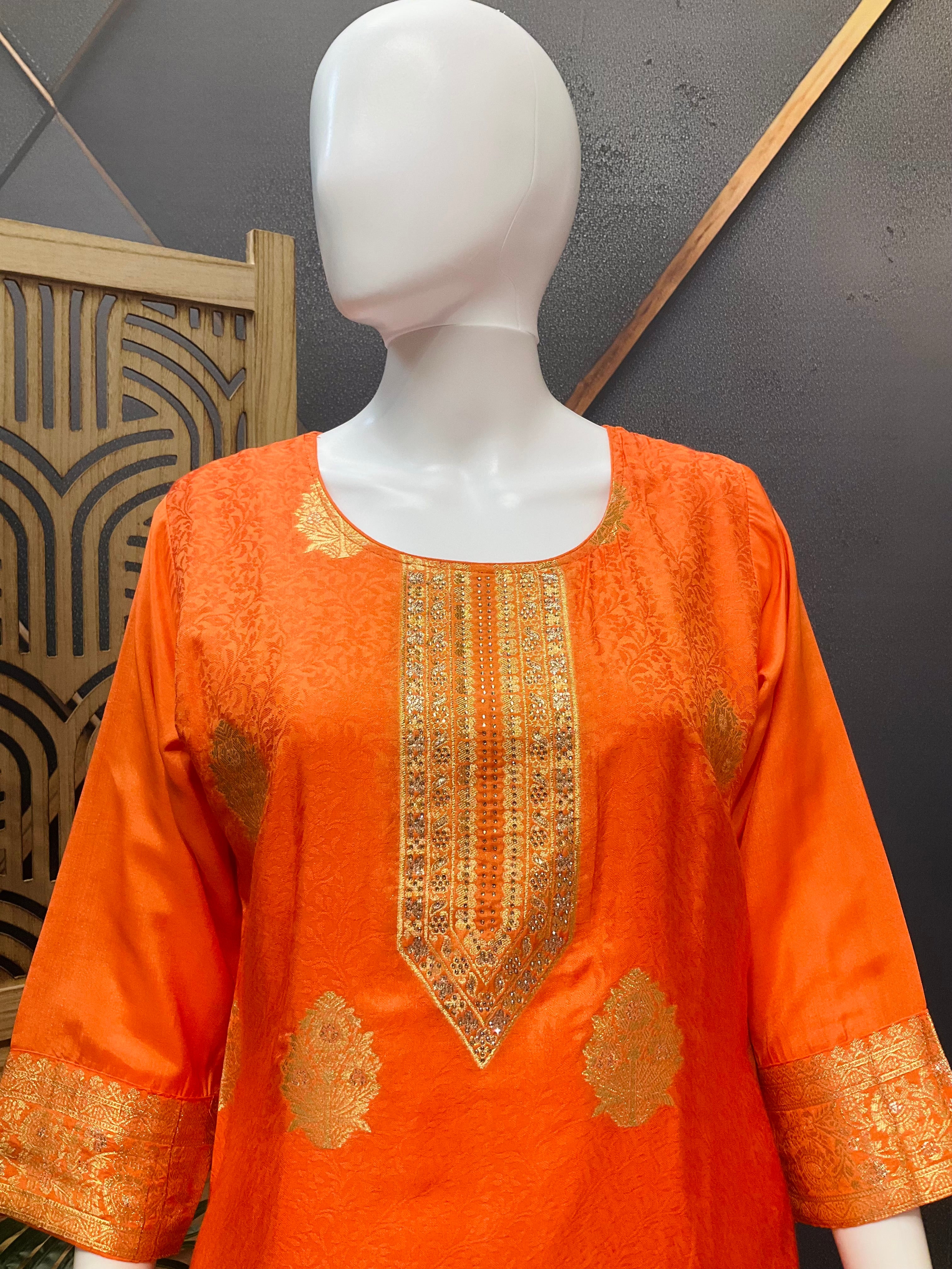 Size 38/US XS-Orange Party Wear Chudidhar/Kurti set
