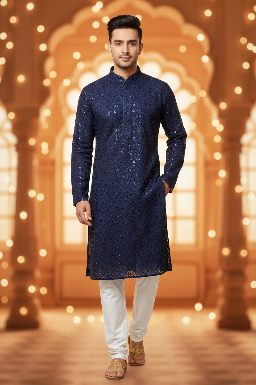 Men’s Navy Blue Rayon Chikankari Kurta Set