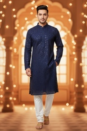 Men’s Navy Blue Rayon Chikankari Kurta Set - Mens - Kurta Set - Anandi Fashions