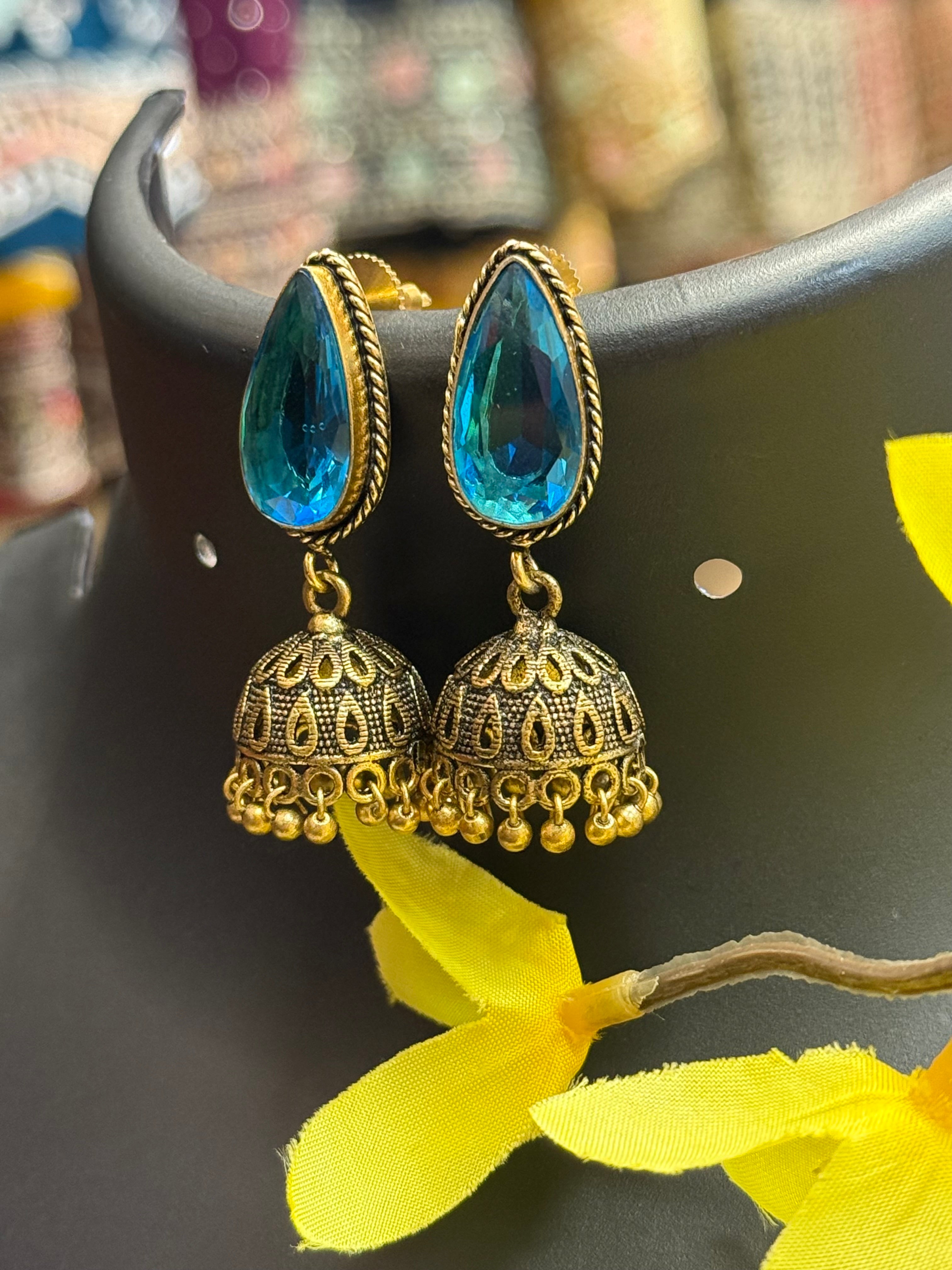 Copper Jhumkas/Earrings with Colored Stones