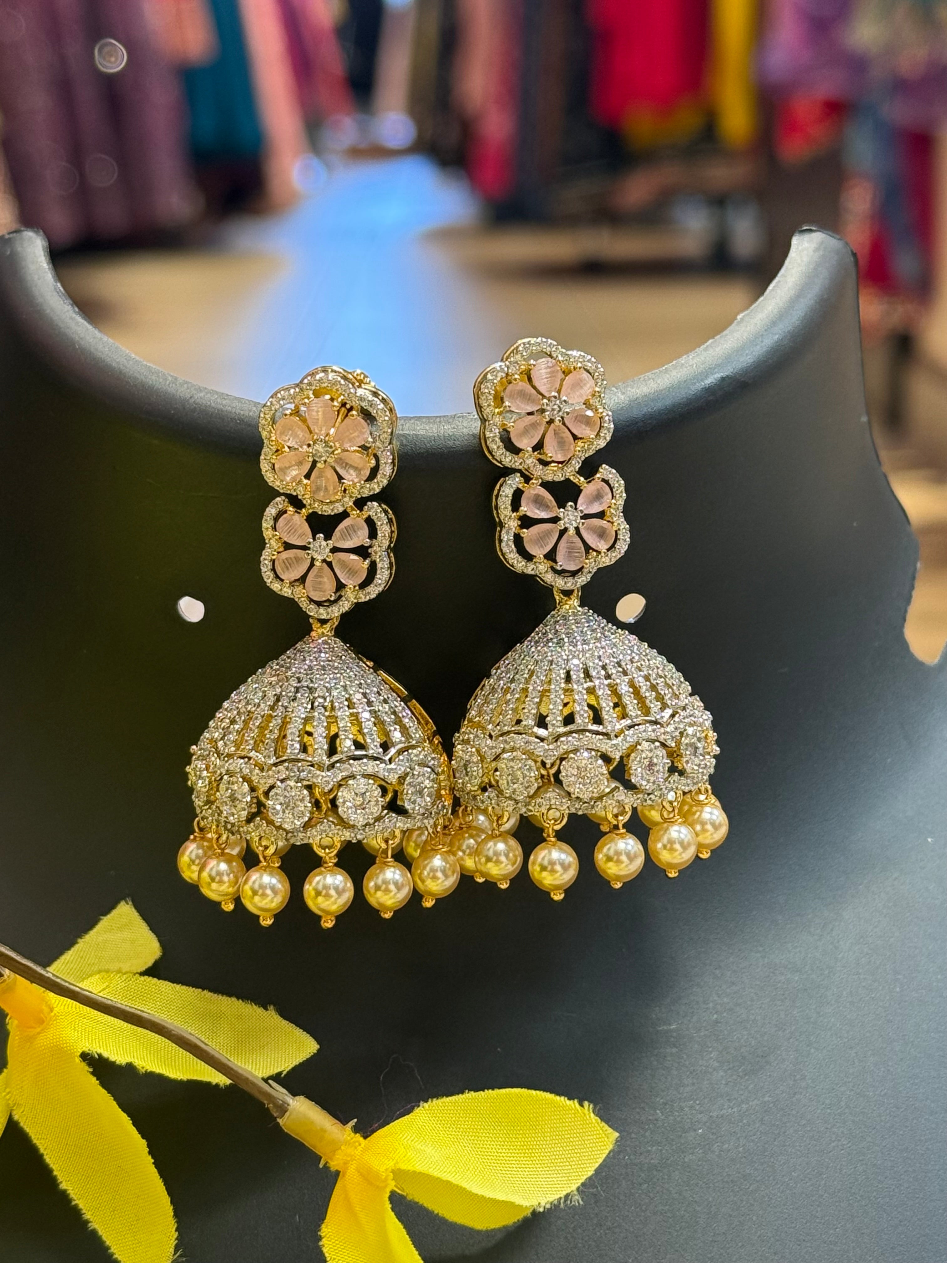 CZ Party Wear Jhumkas/Earrings with Flower Studs