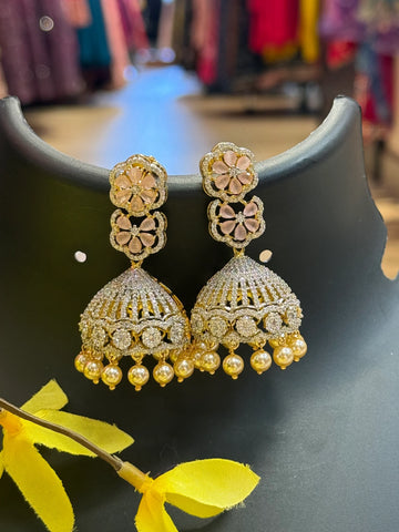 CZ Party Wear Jhumkas/Earrings with Flower Studs