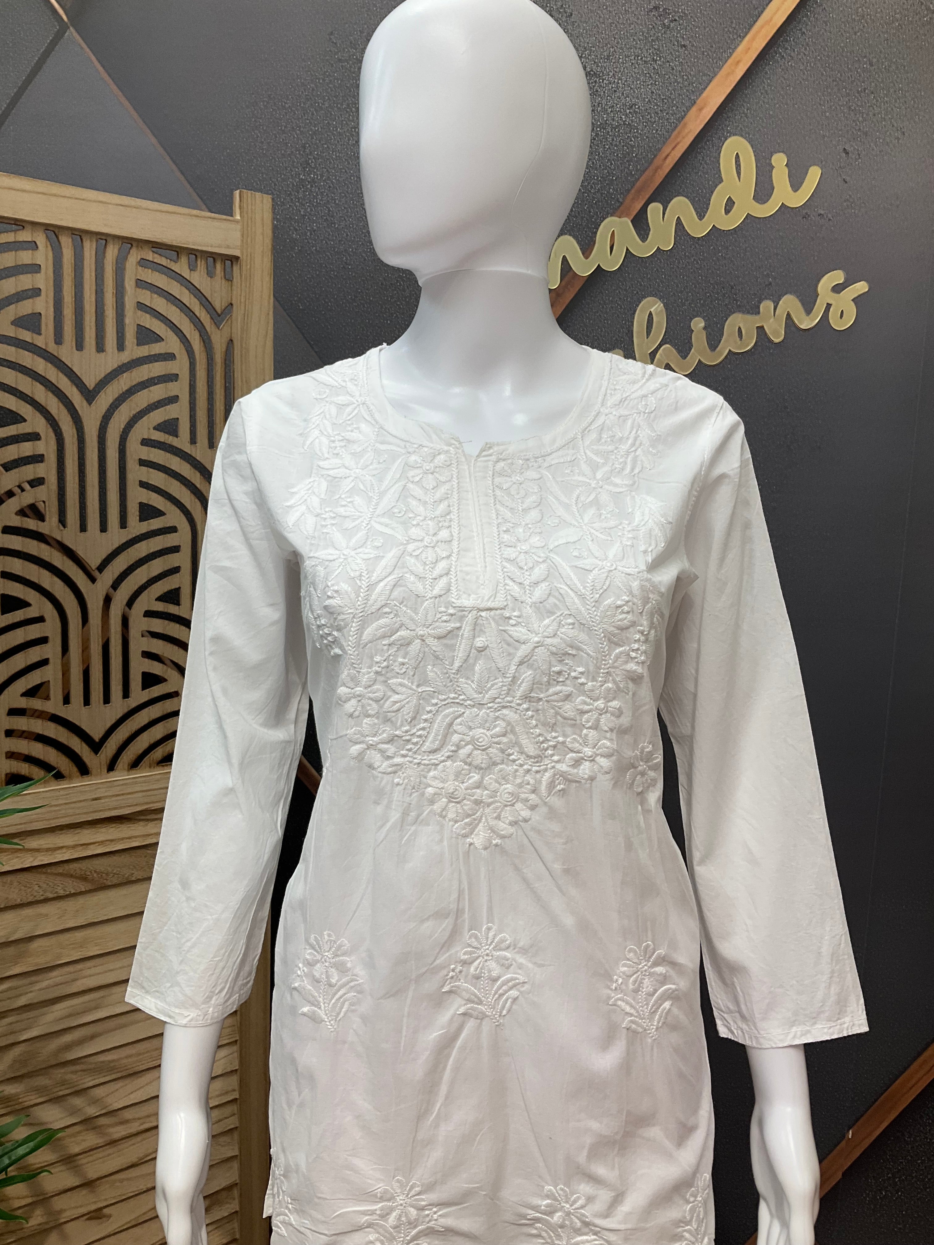 Pure Cotton - Chikankari Short White Kurti- Design 1