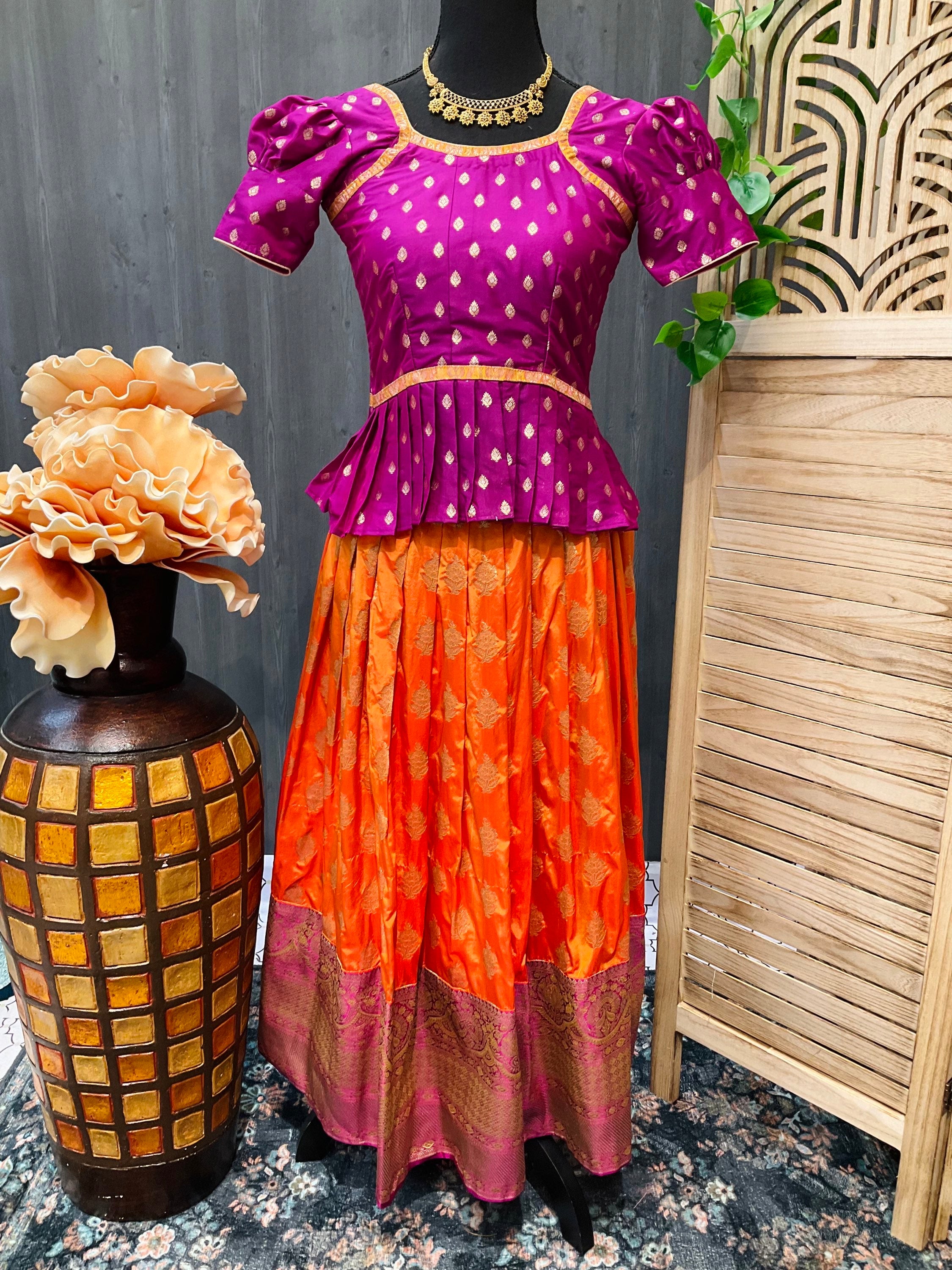 Orange- Pink Benaras Girls Silk Pattu Pavadai set - Size 30/32/34 image 3