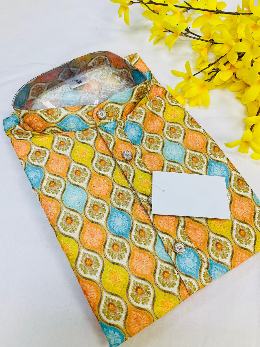 Chikankari Kurta - Multicolor Men’s Silk Chikankari Kurta