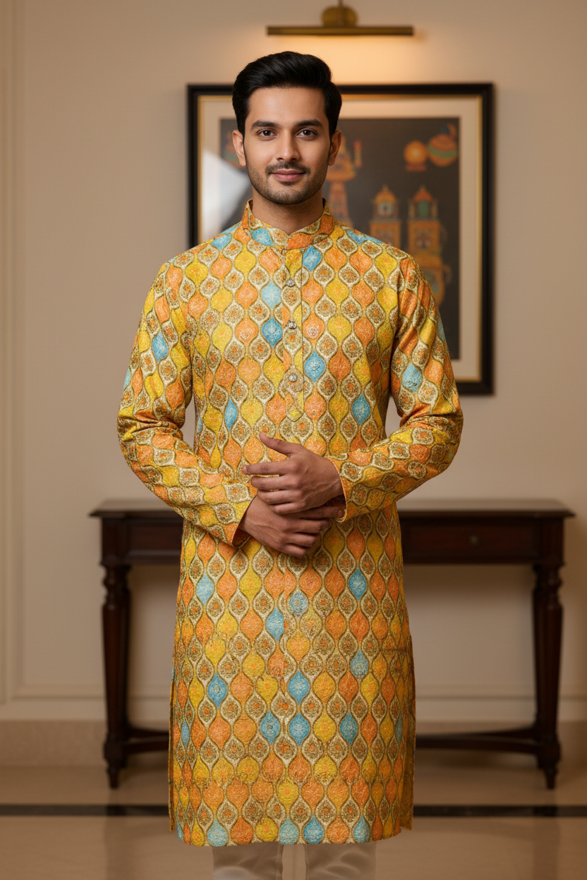 Chikankari Kurta - Multicolor Mens Silk Chikankari Kurta -NO pants Included