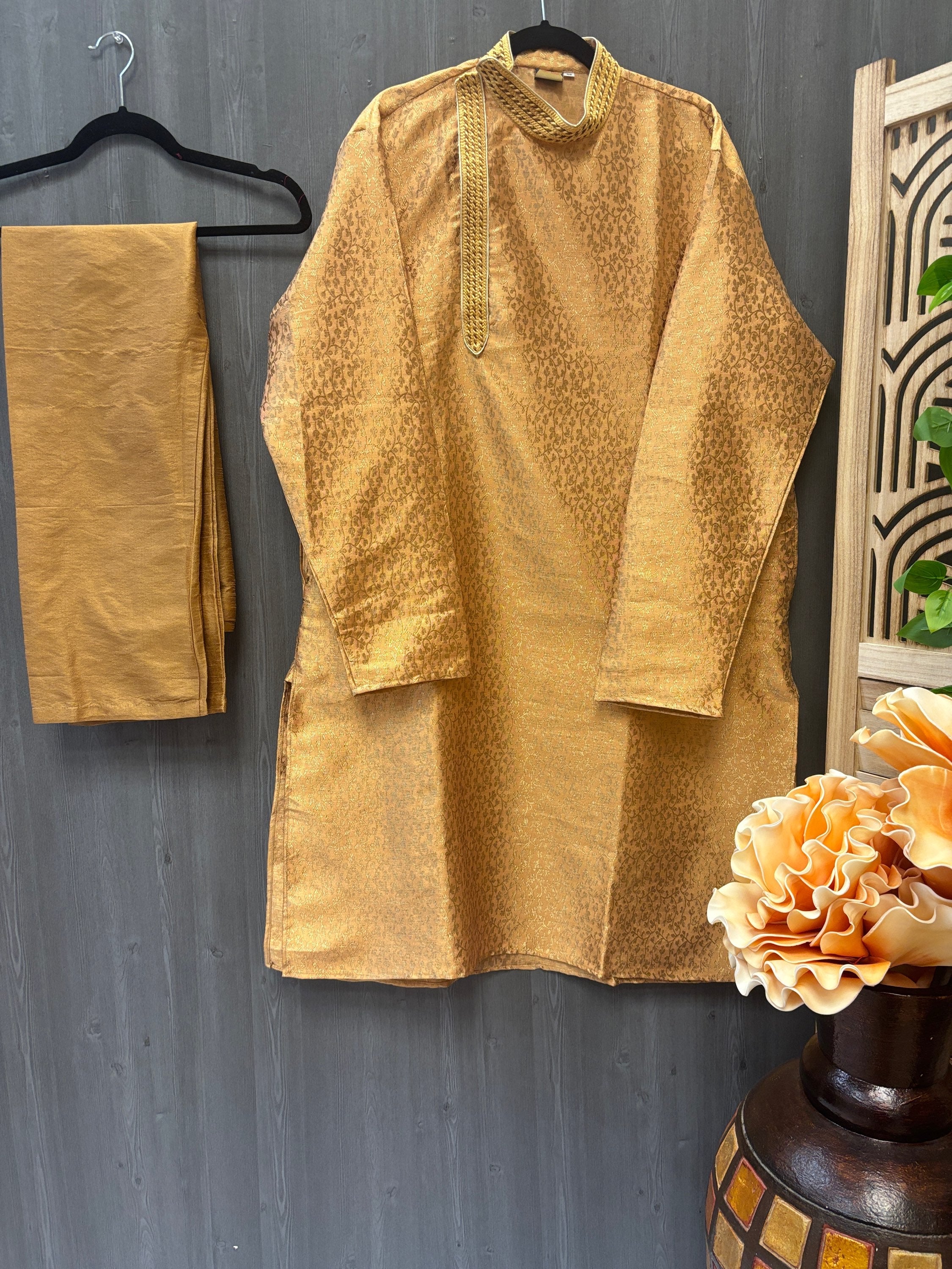 Plus Size-Stylish Neck Gold Kurta Pajama set image 0