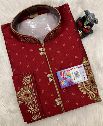 Embroidered Kurta - Maron Beautiful Embroidered Kurta With Pajama